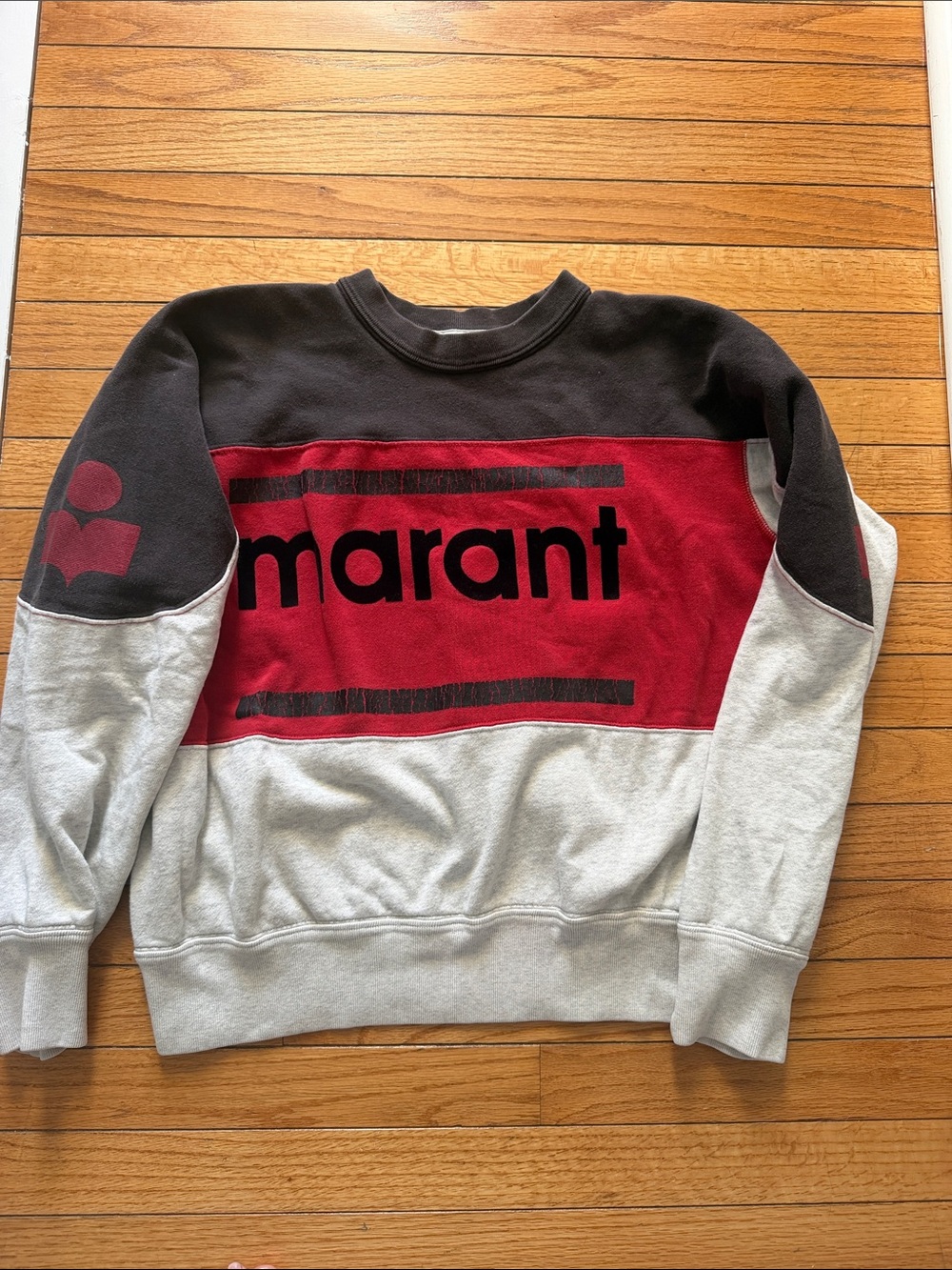 Isabel Marant Colorblock Logo Crewneck Sweatshirt — Black, Red & Light Gray